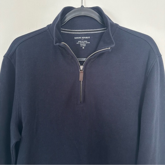 Banana Republic Men’s Size Medium French Rib Mock 1/4 Zip Sweater Elbow Patches - Picture 2 of 5
